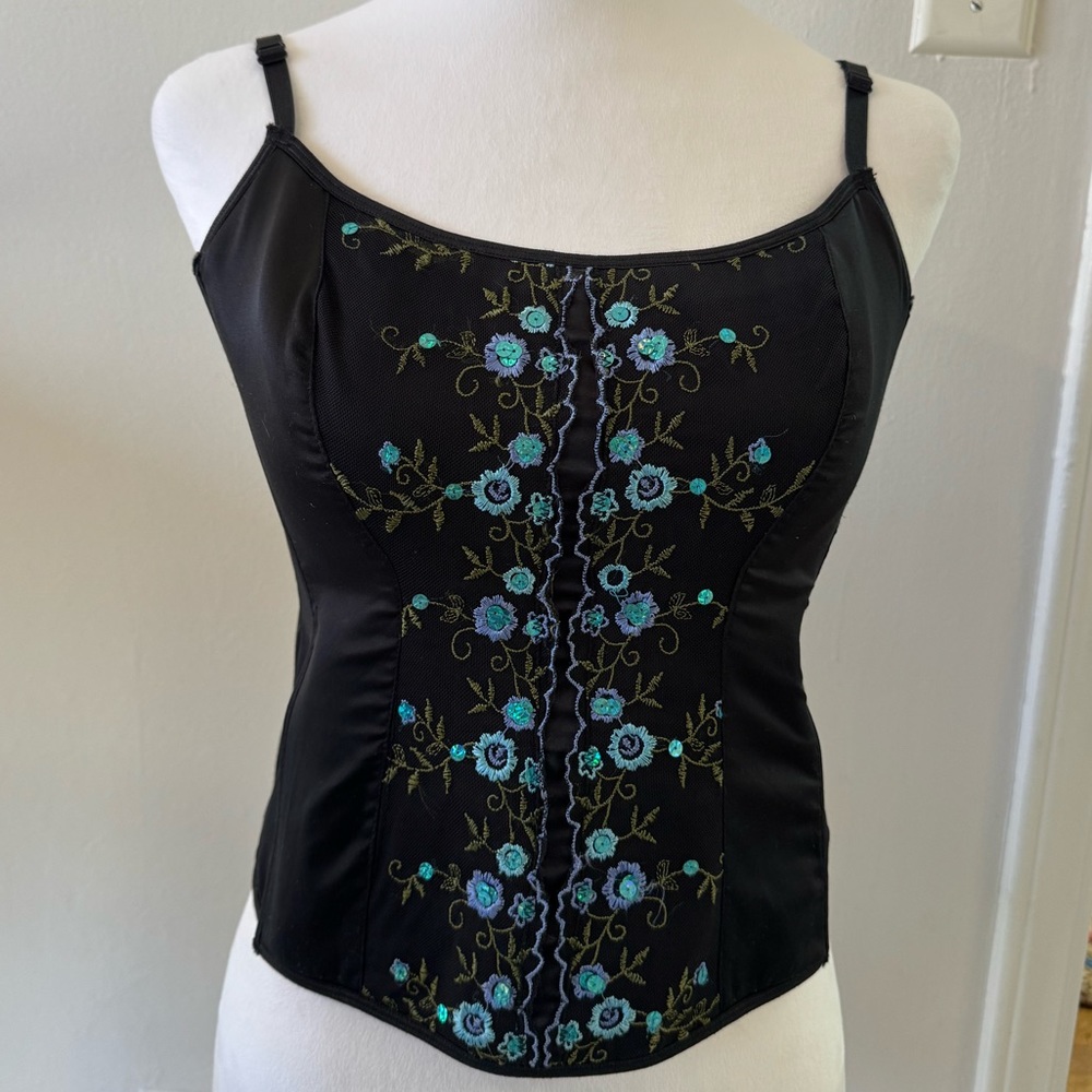 Vintage Y2K Victoria’s Secret Black Satin Embroidered Corset Size L
